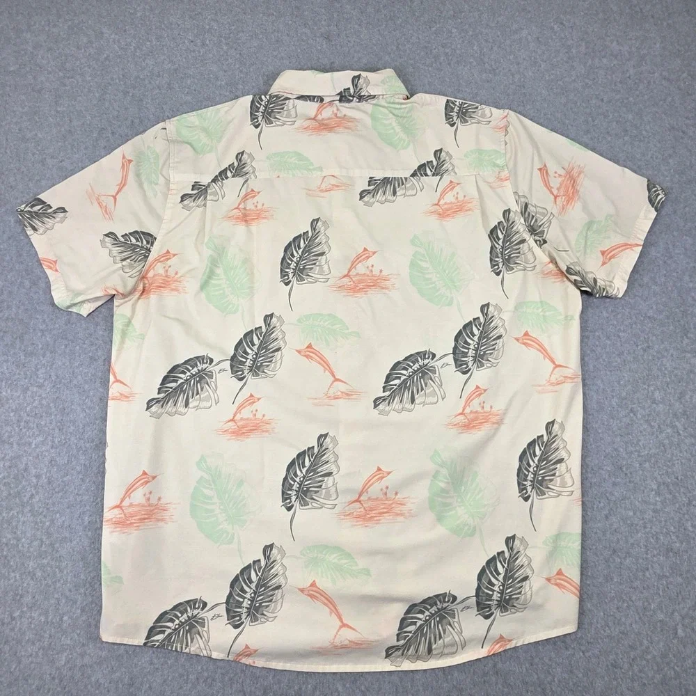 Huk Men's XXL Beige‎ Tropical Marlin Palm Leaf Button Down Shirt H1500192-106